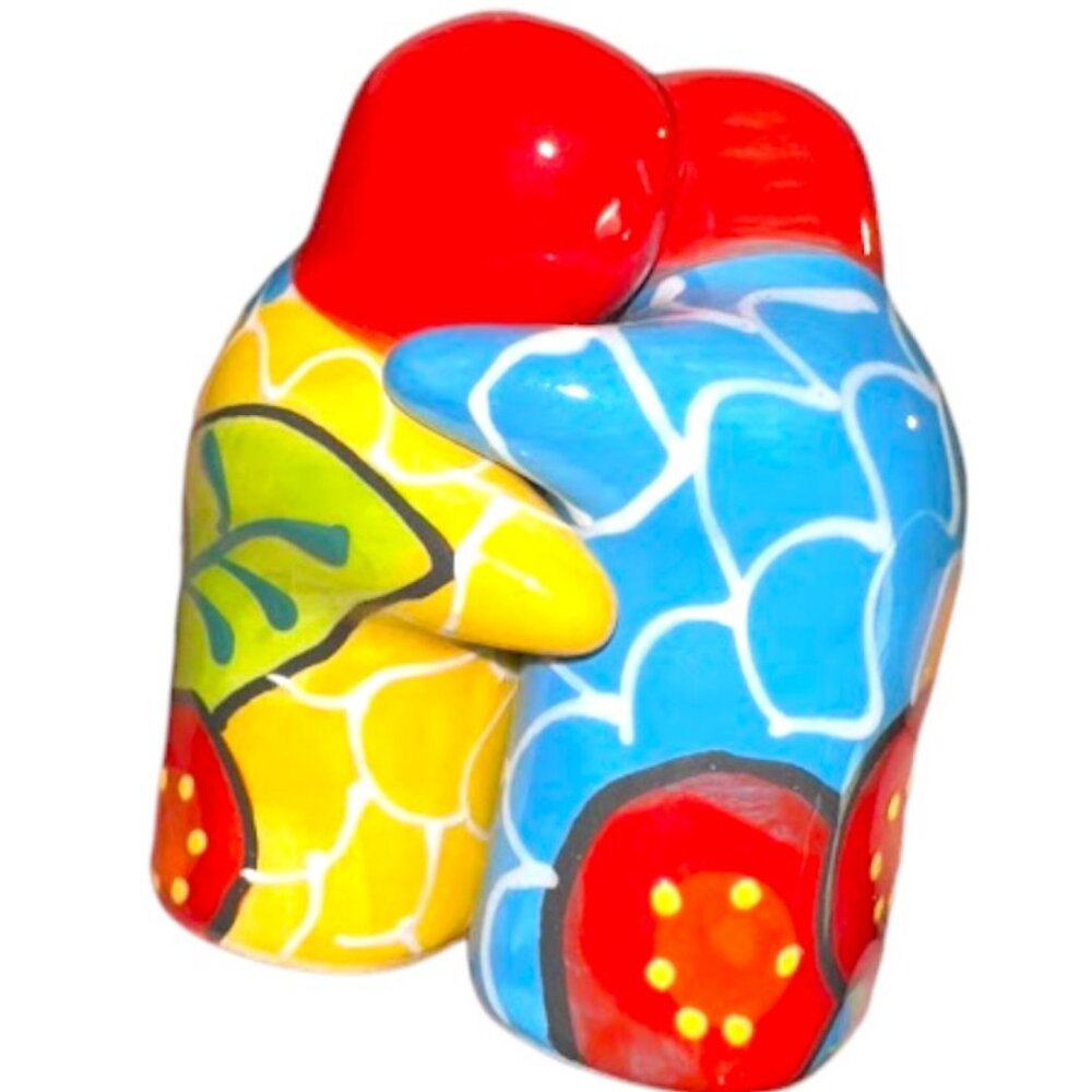 Talavera Mexico Folk Art Hugging People Salt & Pepper Shaker Set